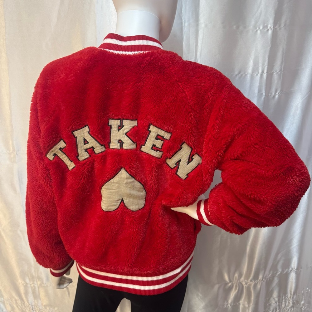 Forever 21 Red Faux Fur Bomber Varsity Jacket with “Taken” and Upside Down Heart